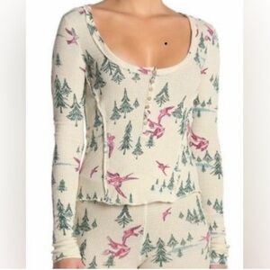 Intimately Free People Home All Day Birds & Pine Trees Thermal Pajama Top – Size